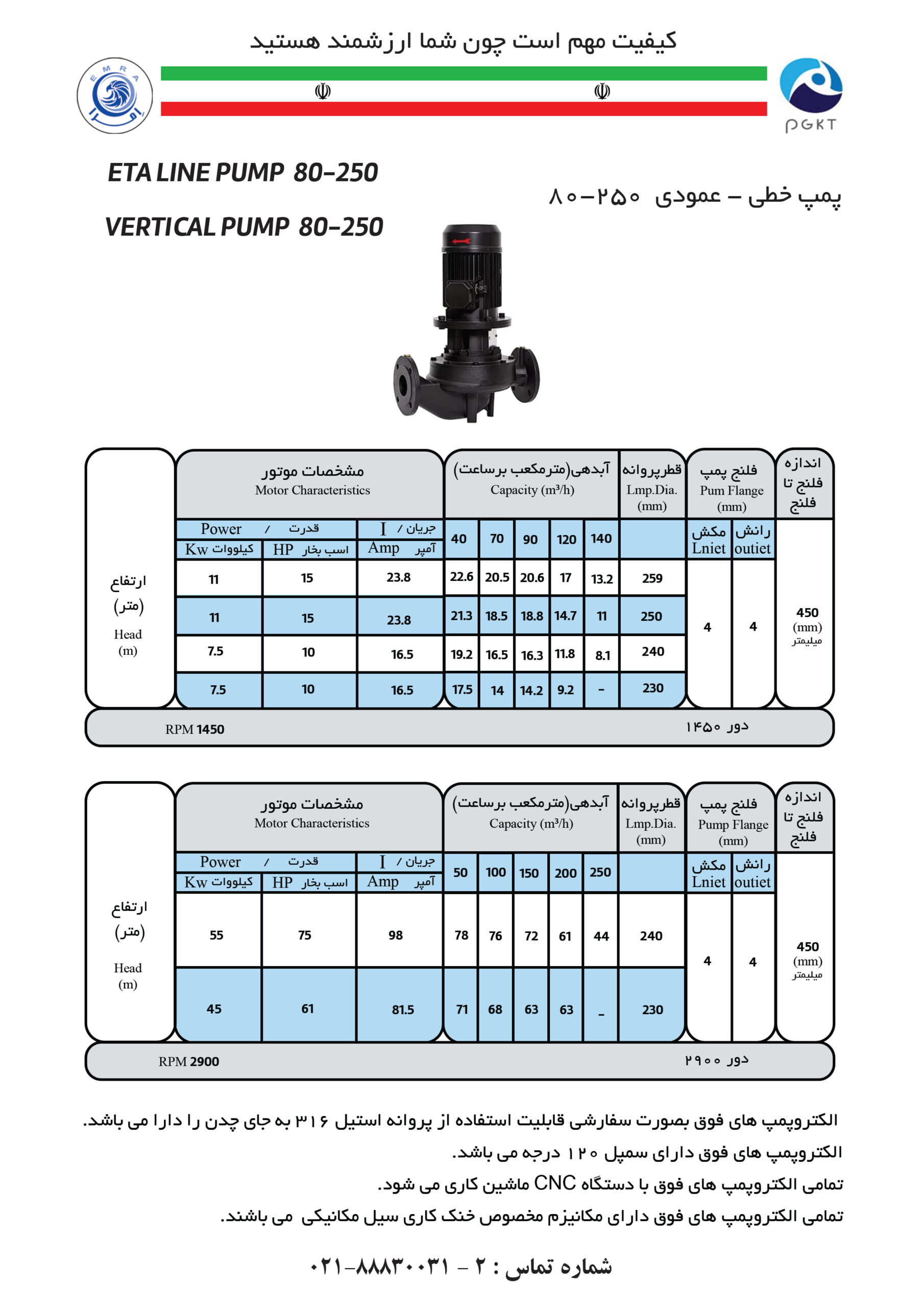 الکتروپمپ 1450 دور خطی عمودی اتالاین امرا با پروانه استیل موتور موتوژن مدل 160-65 Etaline pump